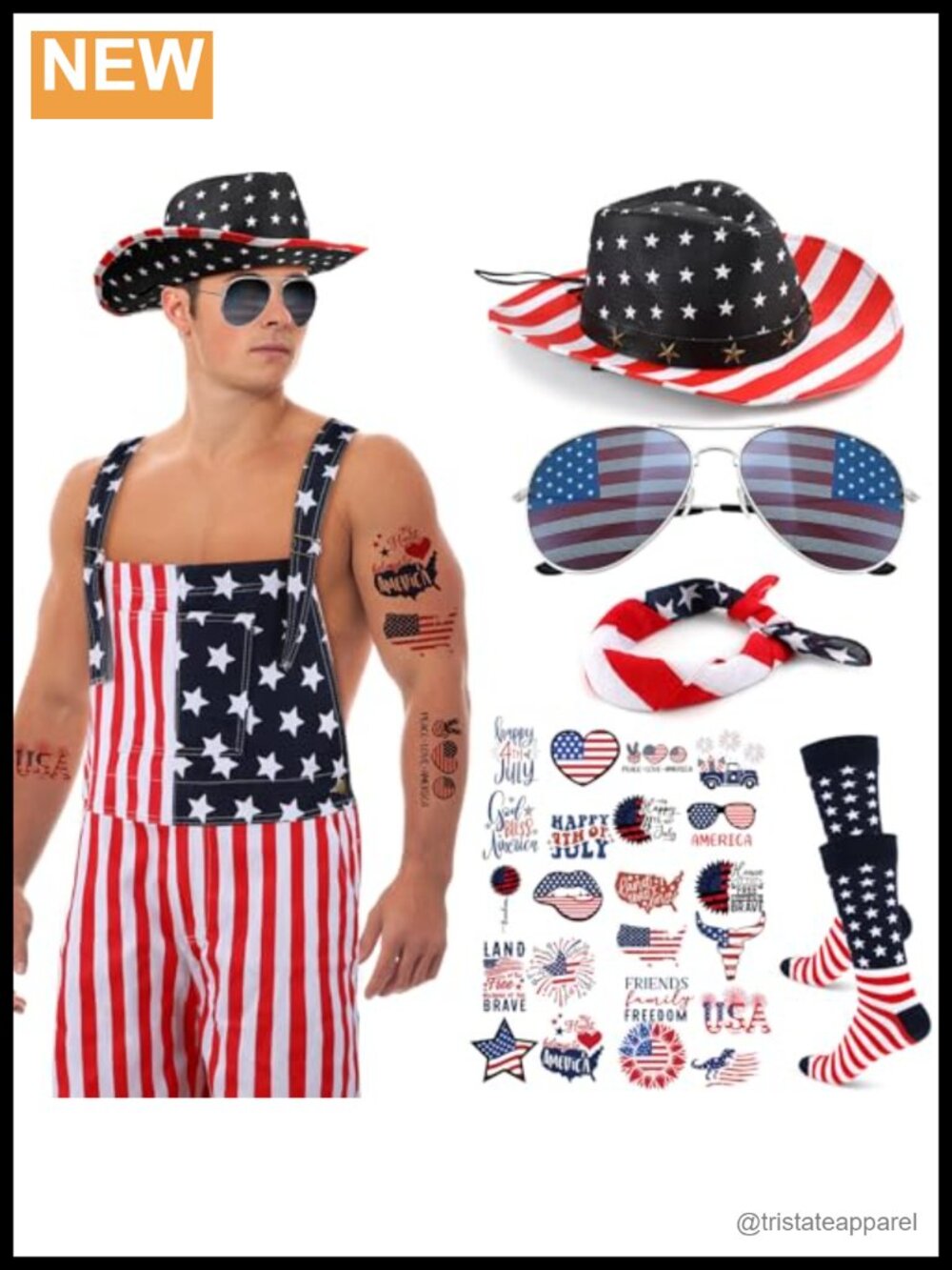 Denim American Flag Overalls Set 15 Pc Patriotic Outfit Cowboy Hat